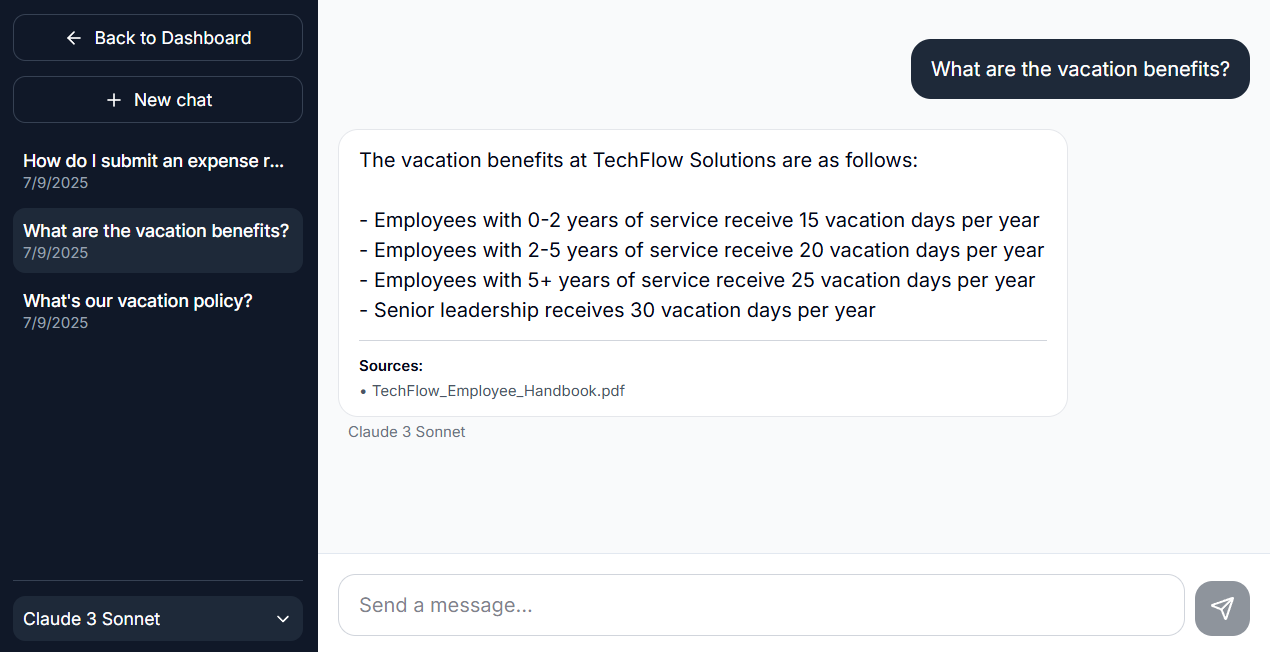 AI Agent responding to vacation benefits question with accurate information from company documents