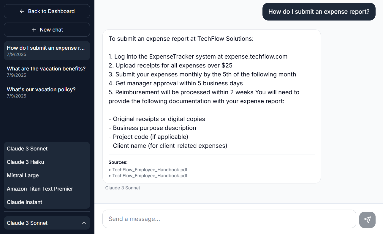 AI chat interface showing expense report question and detailed response