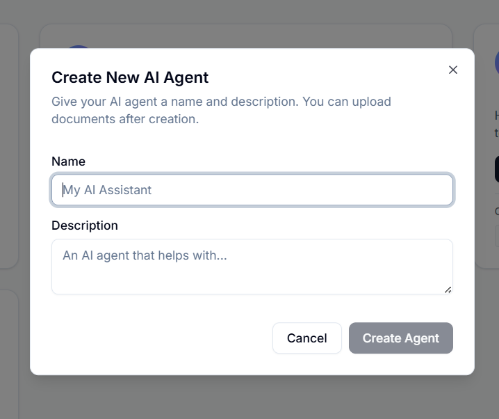 Create agent dialog showing simple form to name and describe your AI agent