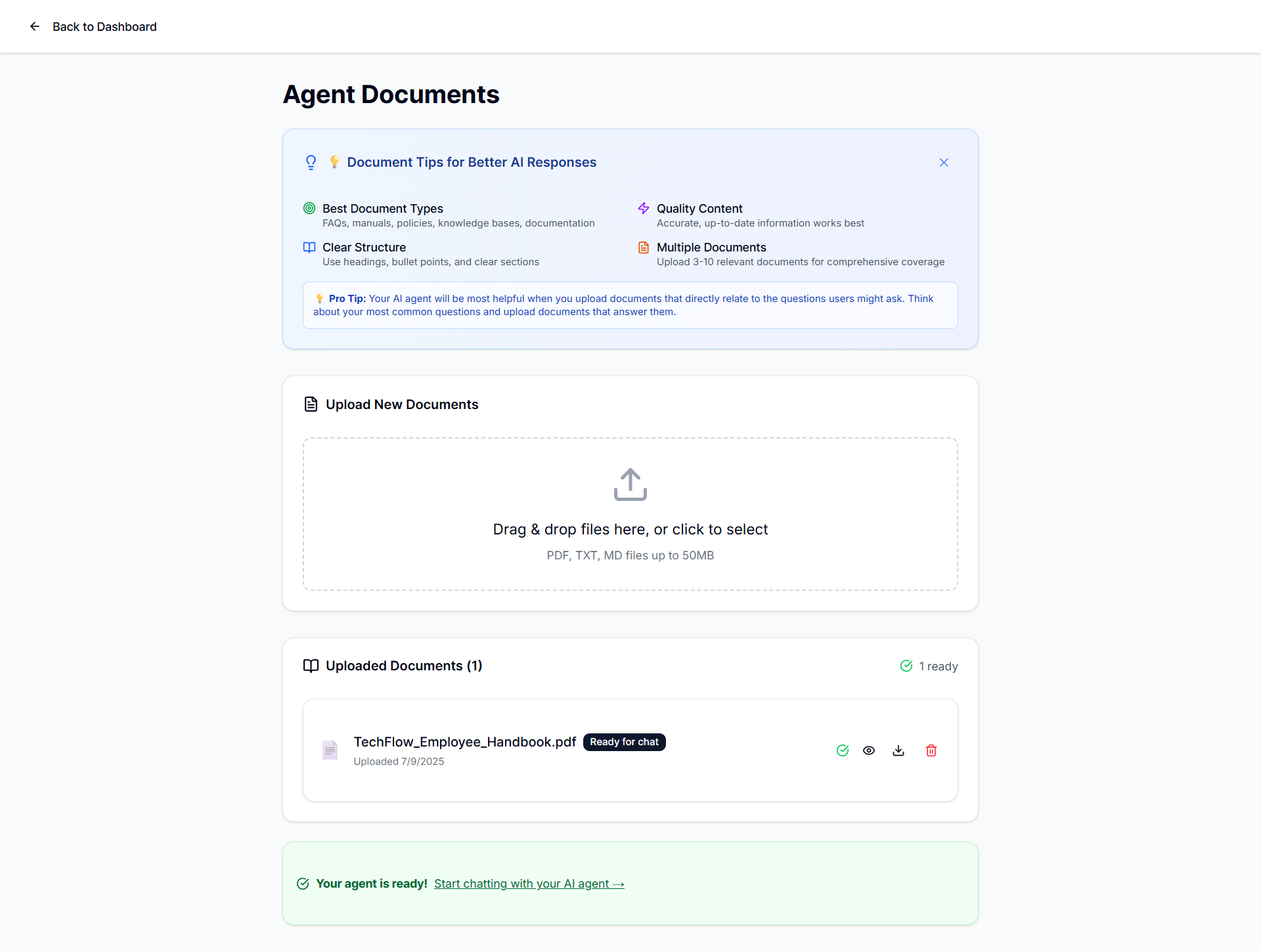 Document upload interface showing tips and successful upload
